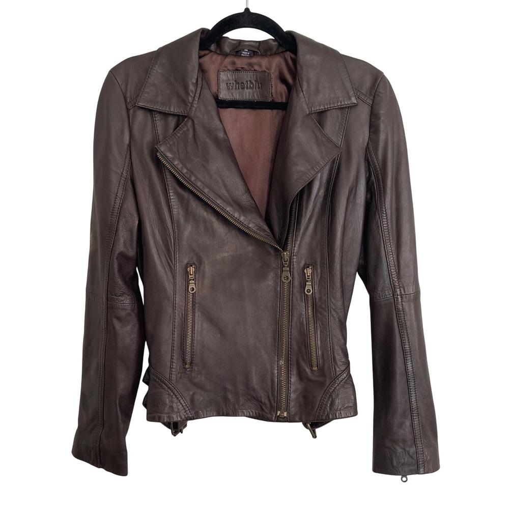 Whetblu Womens Brown Leather Moto Biker Jacket Size M Asymmetric Zip Buckle Side